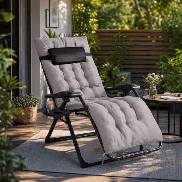 Living and Home Zero Gravity Outdoor Recliner with Seat Cushion, Headrest and Cup Holders in Grey