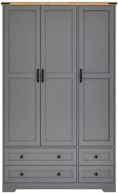 FORGEVIO Grey 3 Door 4 Drawer Panelled Wardrobe with Internal Shelves and Trouser Rack, H 180 x W 108 x D 46 cm
