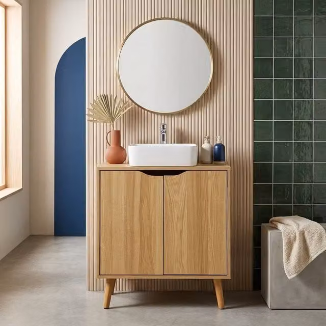 Sweekeek Vintage Under-Sink Bathroom Cabinet in Light Brown Pine Wood, W/D/H: 70 x 40 x 40 cm – 1