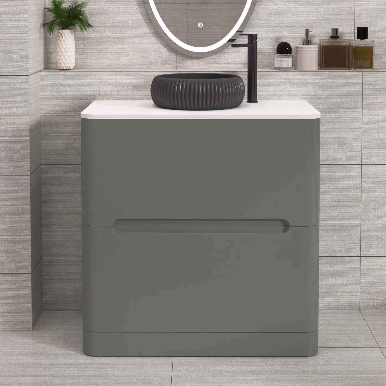 Royal Bathrooms Venice Sage Green Floor Standing 2 Drawer Vanity Unit with Plain White Undrilled Worktop
