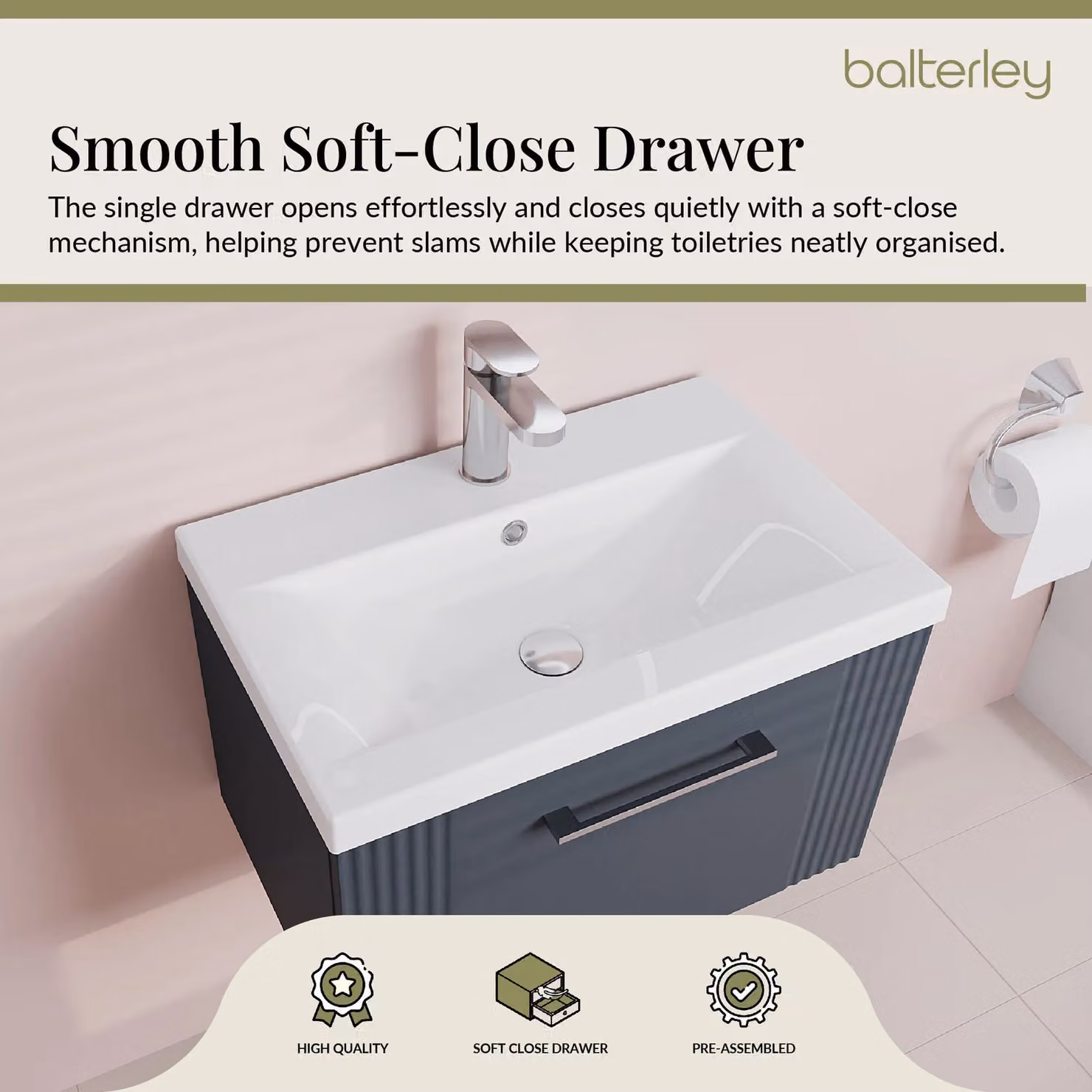 Balterley Wall Hung 1 Drawer Vanity Unit with Mid-Edge Basin, Satin Dark Grey, W: 60 cm, D: 39.9 cm, H: 60 cm – 3