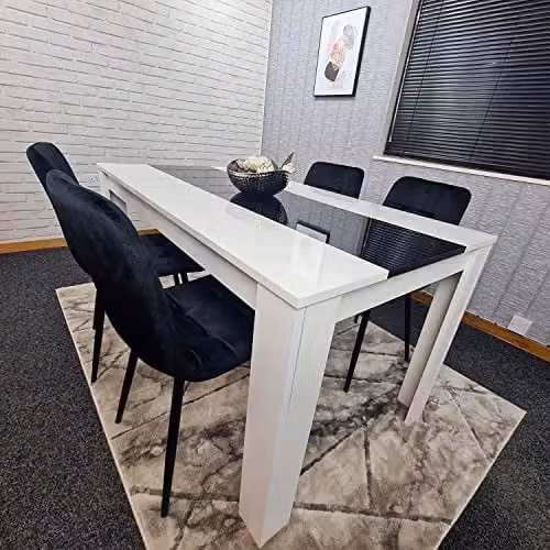Kosy Koala Modern Dining Table Set with 4 Black Velvet Chairs and White Glass Top, W/D/H: 140 x 80 x 75 cm – 2