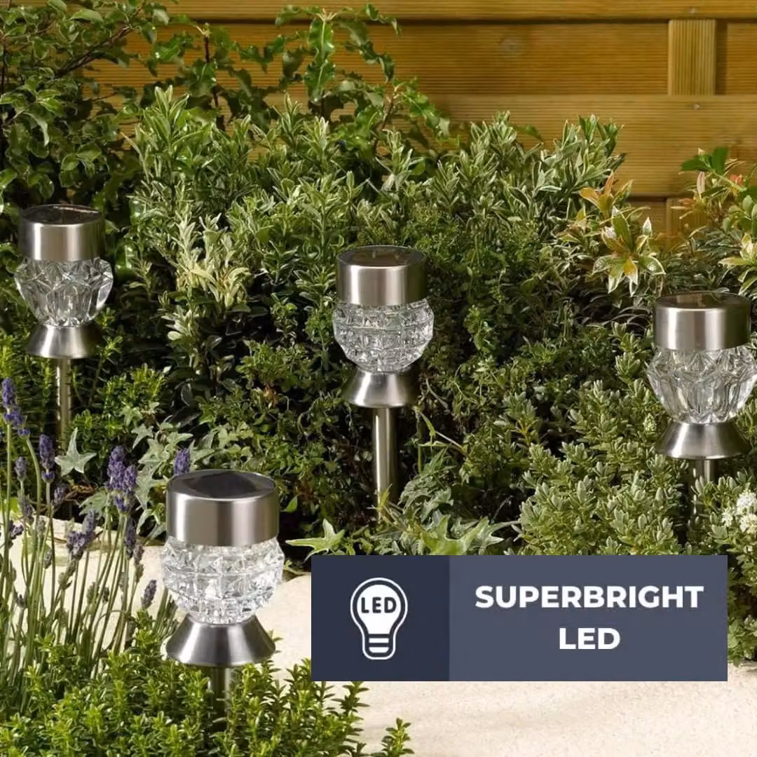 Marco Paul 4pc Silver Solar LED Garden Stake Lights with Crystal Glass and Dusk Sensor – 4