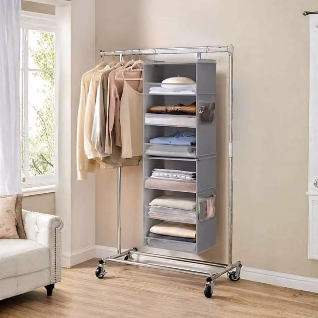 The Bazaarist 6 Tier Foldable Hanging Wardrobe Organizer in Light Grey – 1