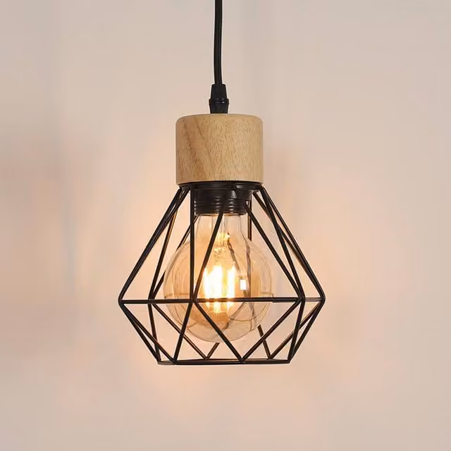 COMELY Vintage Industrial Pendant Light, Black Metal and Wood Cage Design with E27 Socket
