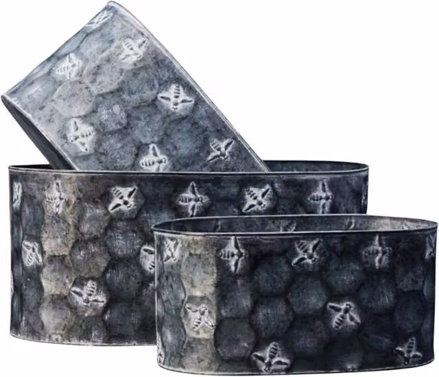 Four Candle Set of 3 Galvanised Steel Bee Embossed Oval Planters in Grey, W: 25.0 cm, D: 20.0 cm, H: 3.0 cm