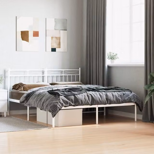 Berkfield Home Metal Bed Frame with Headboard in White, W/D/H: 150 x 200 cm – 1