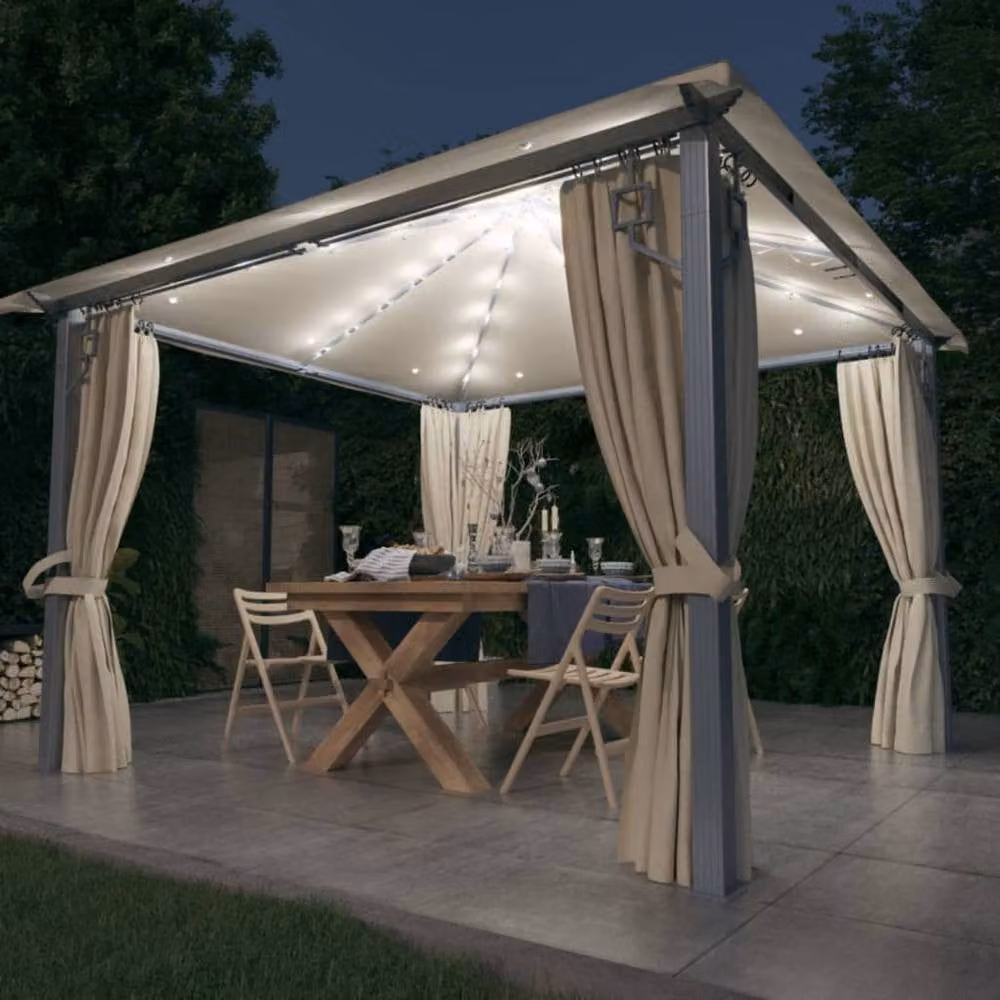 Berkfield Home Gazebo with Curtains and LED String Lights, Beige Aluminium, W/D/H: 300 x 300 x 270 cm – 1