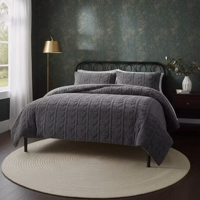Snug City Grey Leaves Embossed Ultra Soft Teddy Fleece Duvet Cover and Pillowcase Set, Single, W: 90 cm, L: 200 cm