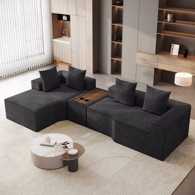 Dprodo Black Corduroy Left-Facing L-Shaped Modular Sofa with Cup Holder Table and Scatter Cushions, 320 cm – 1