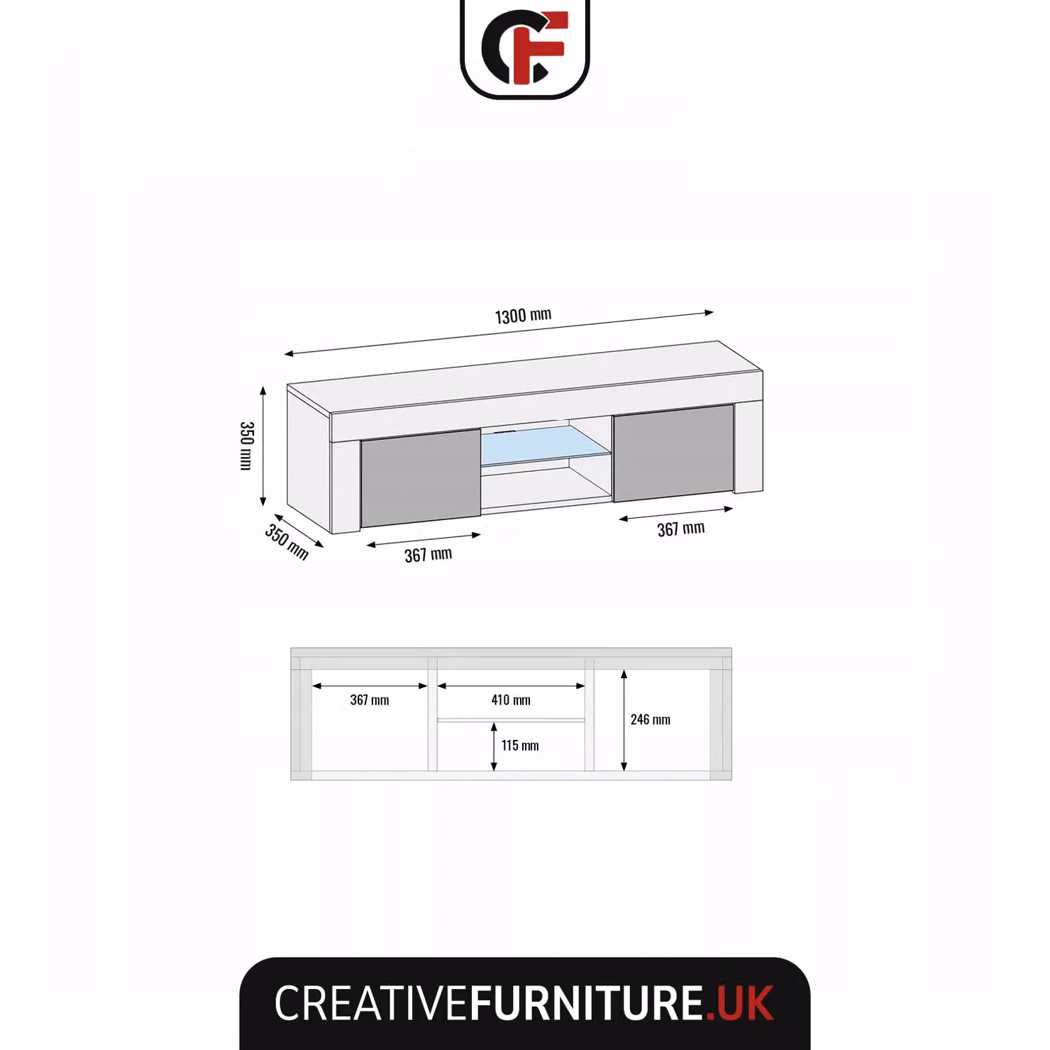 Creative Furniture Loom Modern TV Unit in Oak with Black Matt Doors, W: 130 cm, D: 35 cm, H: 35 cm – 4