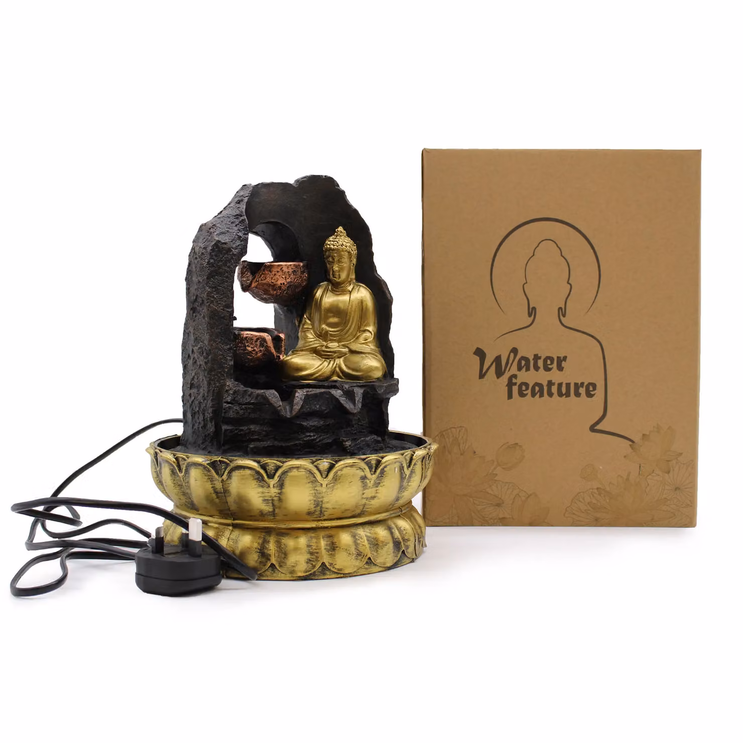 KDMD Golden Meditating Buddha Tabletop Water Fountain with LED Light, Gold – 2