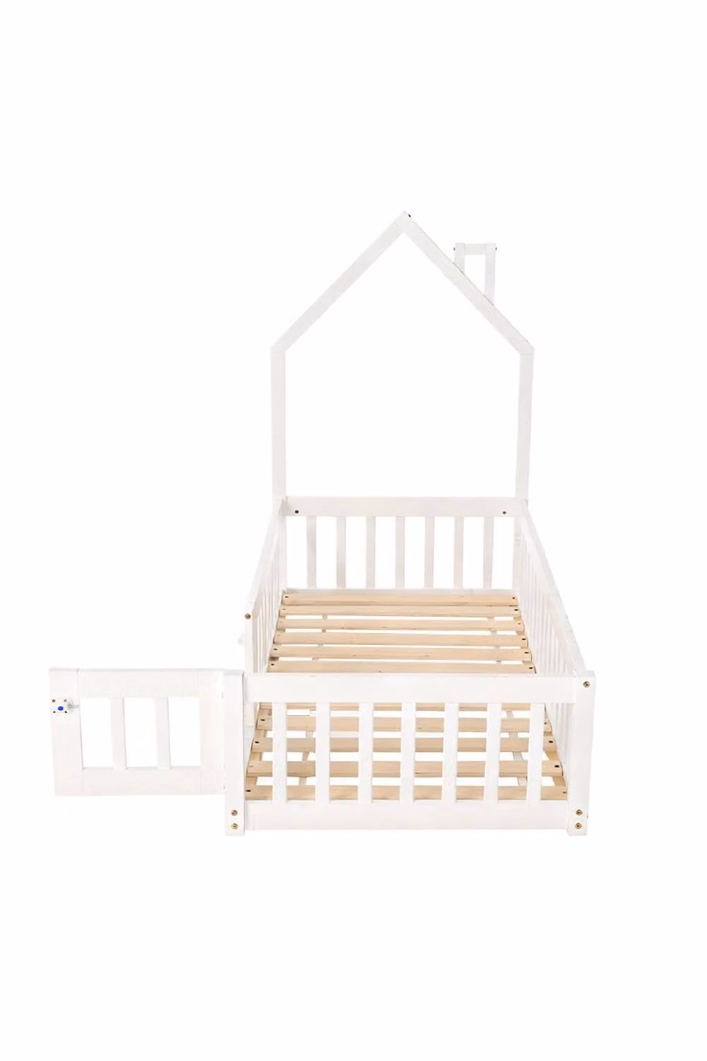 Living and Home House-Shaped Solid Wood Floor Bed Frame with Guardrails in White – 2