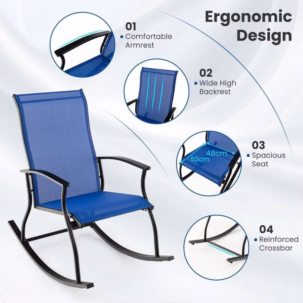 KORVIXA Set of 2 Blue Outdoor Rocking Chairs with Metal Frame and Textilene Fabric – 5