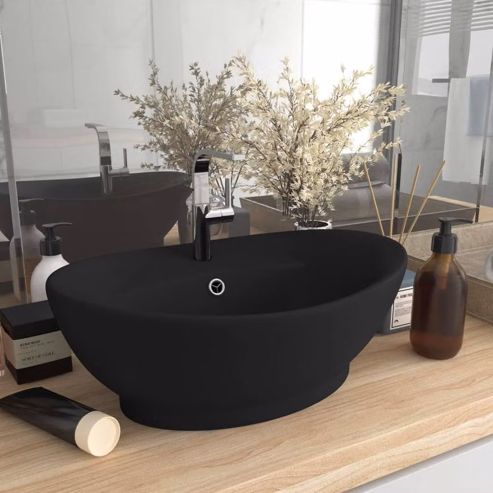 Berkfield Home Luxury Oval Ceramic Countertop Basin with Overflow in Matt Black, W: 58.5 cm, D: 39 cm – 2