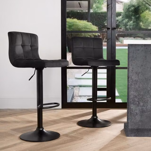 OHS Set of 2 Black Velvet Adjustable Swivel Bar Stools for Kitchen and Breakfast Counters – 1