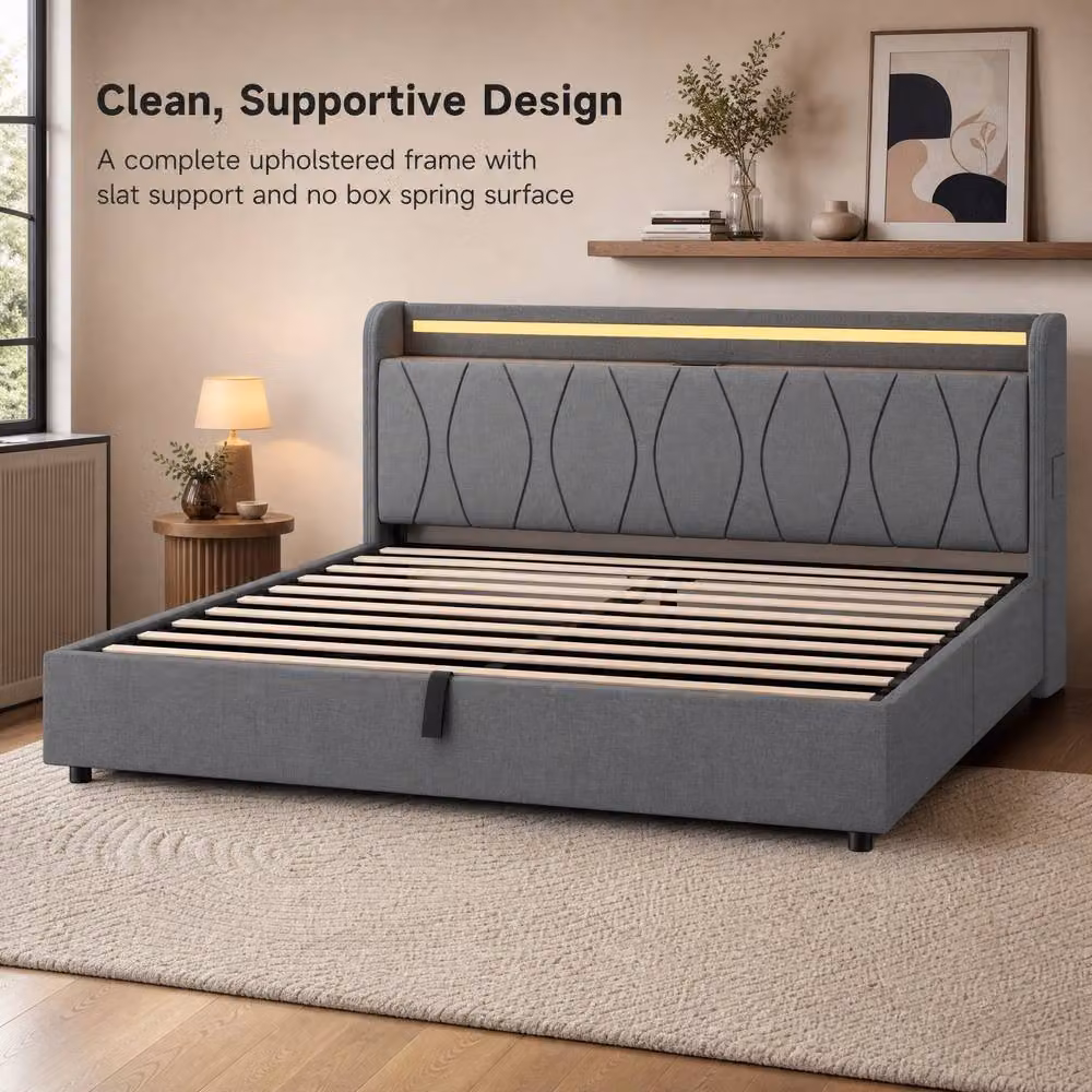 STILVORA King Upholstered Bed Frame in Grey with Hydraulic Storage, LED Lighting and USB Charging Ports, W/D/H: 180 x 200 cm – 4