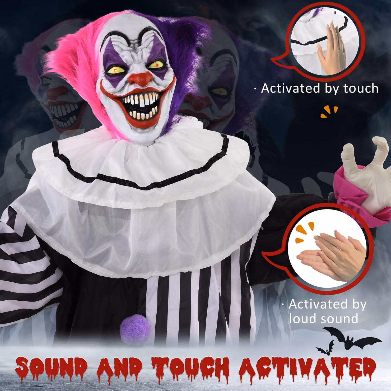 HOMCOM Laughing Clown Outdoor Halloween Animatronic Decoration with Sound Activated Light Up Eyes and Sound Effects, Height: 173 cm – 6