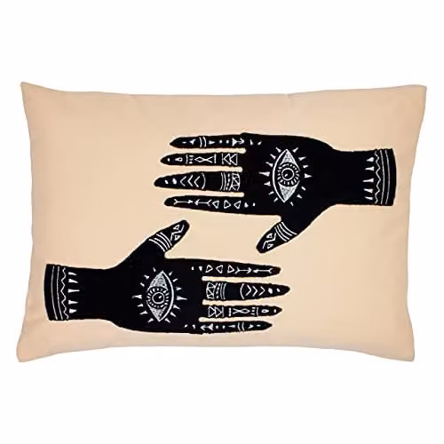 Furn Ashram Hands Abstract Print Rectangular Cushion in Pink and Beige, W/D/H: 35 x 35 x 1 cm