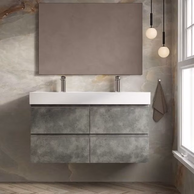 Banyetti Vatilla Wall Hung Vanity Unit with Veneto 2TH Basin, Cemento Grey, W: 120 cm
