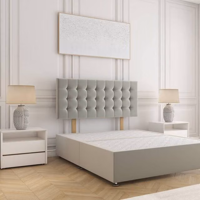 BSSPOKE Isla Divan Bed with 24 inch Plush Velvet Headboard in Silver, Super King, W/D/H: 200 x 200 cm