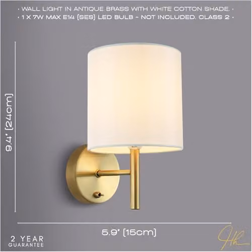 Happy Homewares Contemporary Bedside Wall Lamp in Gold/Brass with White Fabric Shade and Toggle Switch, W/D/H: 24 x 15 x 10 cm – 2