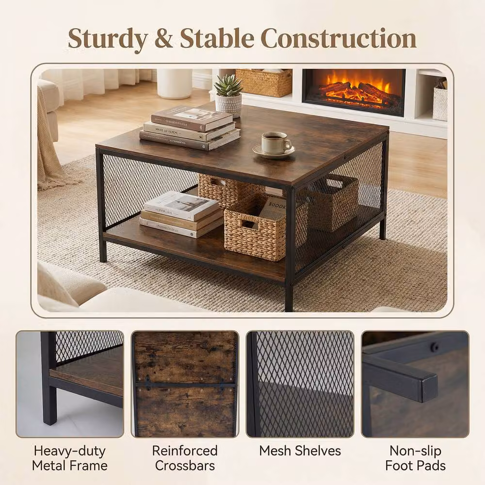 Gymax Industrial Square 2-Tier Coffee Table with Storage Shelf in Brown – 6
