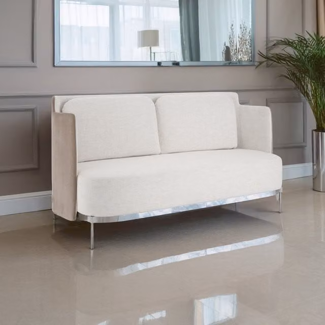 Orsina Two-Seater Upholstered Sofa in White and Grey with Silver Metal Legs – 1
