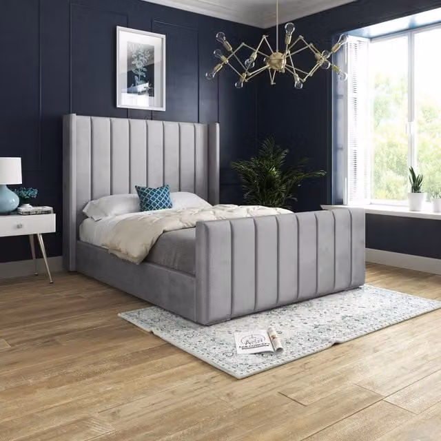 Casani Romano Upholstered Soft Velvet Bed Frame in Grey, W/D/H: 137 x 120 x 200 cm