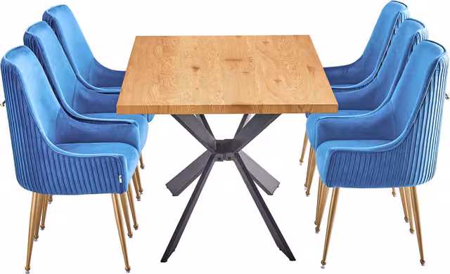 Life Interiors Soho Duke LUX Dining Set with Square Table and 6 Blue and Gold Upholstered Chairs
