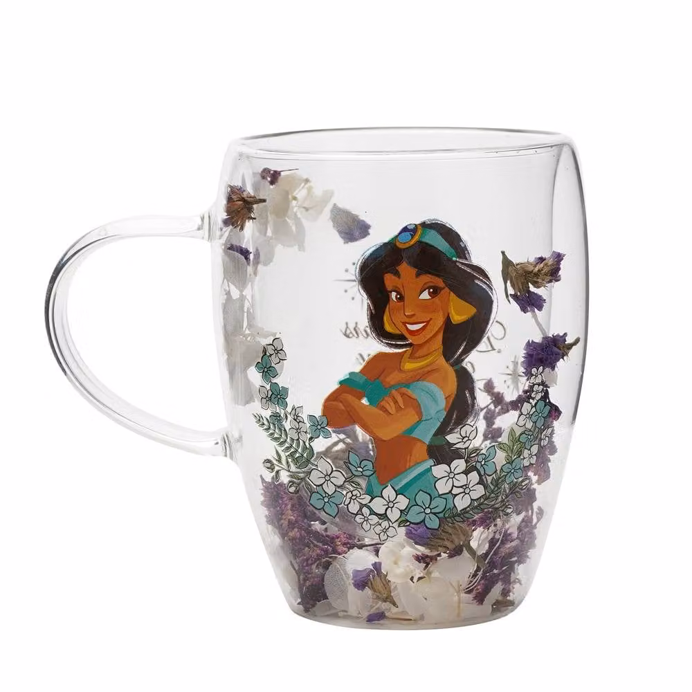 Widdop and Co Disney Princess Jasmine Double-Wall Glass Mug with Dried Floral Design in Purple, White and Transparent – 2