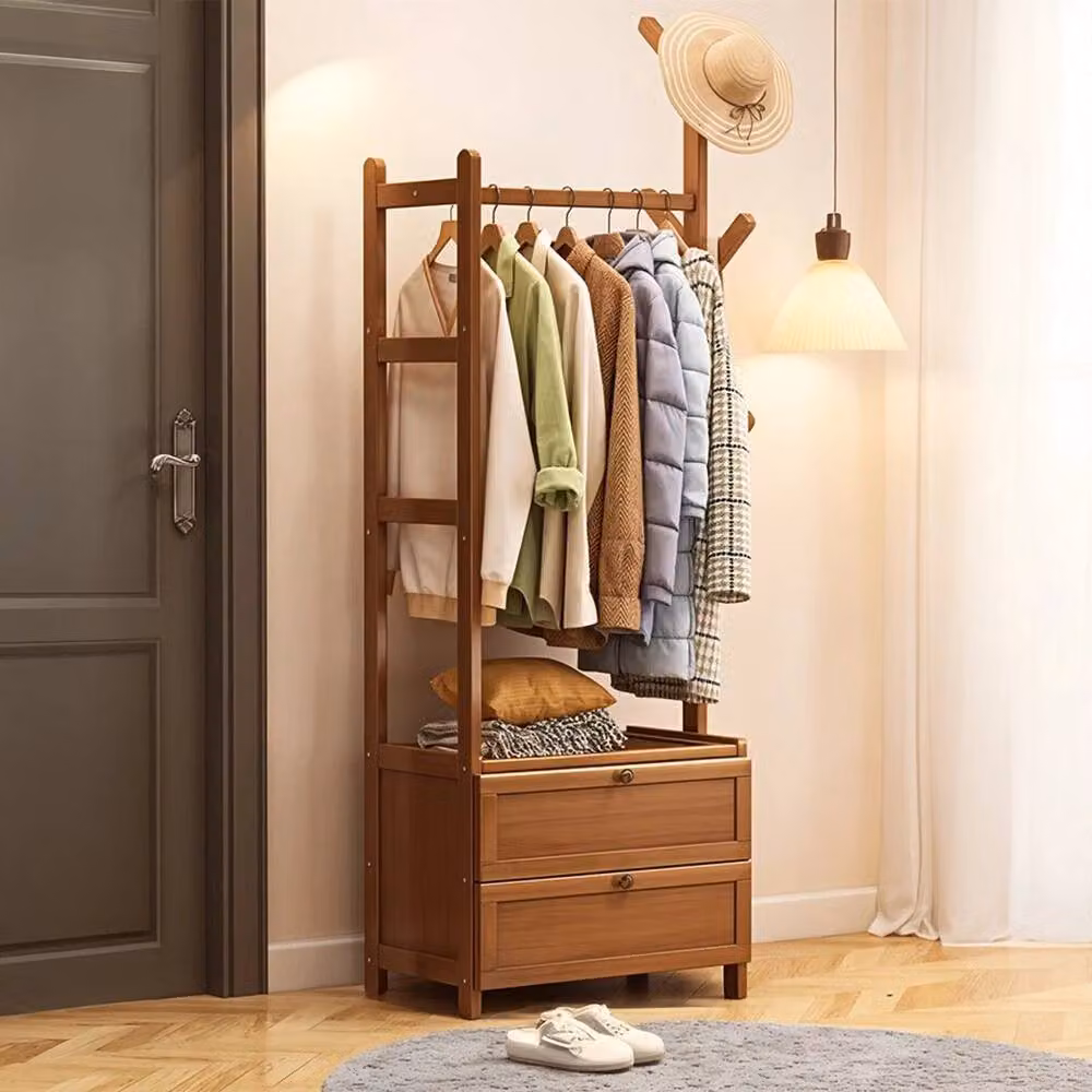 FORGEVIO Brown Wooden Garment Clothes Rack with Hanging Rod and Dual Hook Matrix, W/D/H: 50 x 30 x 138 cm – 2