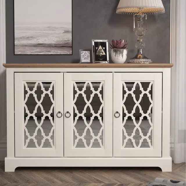 GFW Classic 3 Door Wood Sideboard in Beige, Grey and White with Mirror Top