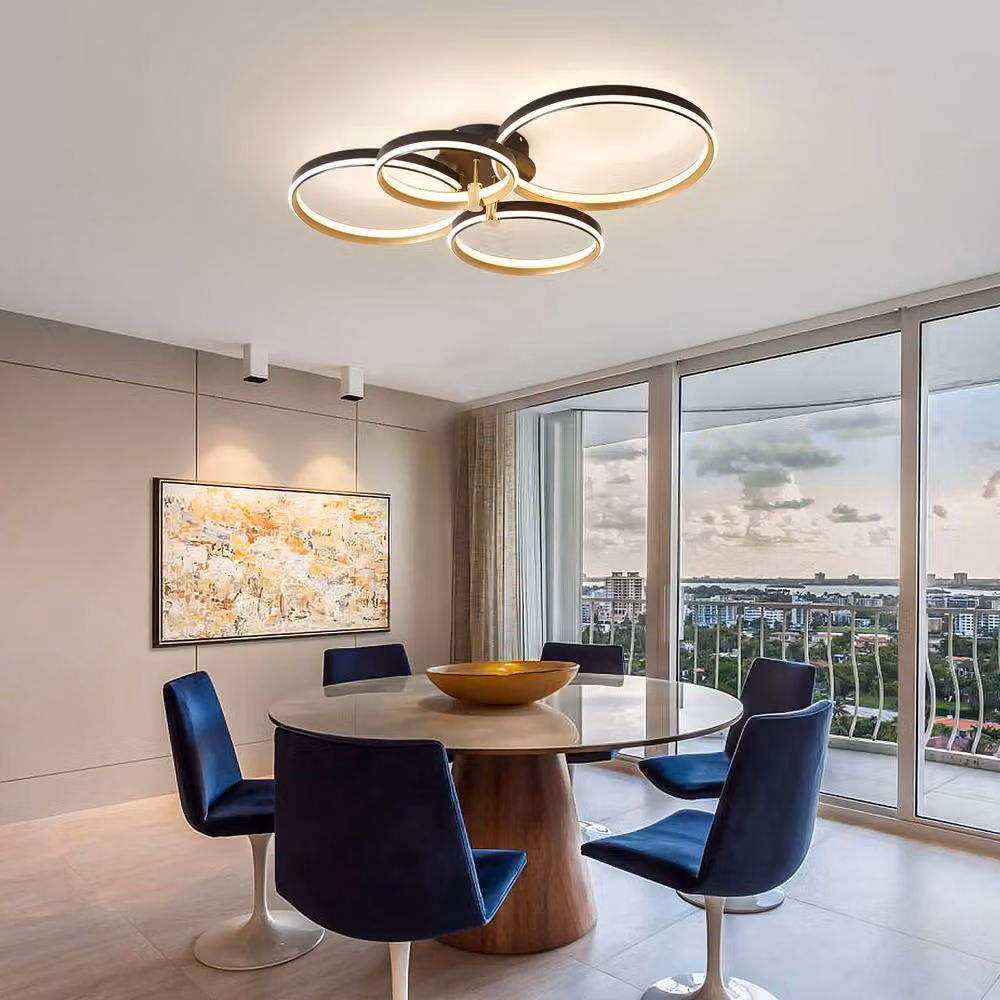 NIVOR 60W 4 Ring LED Dimmable Flush Mount Ceiling Light with Remote Control and 3 Colour Settings in Gold – 5