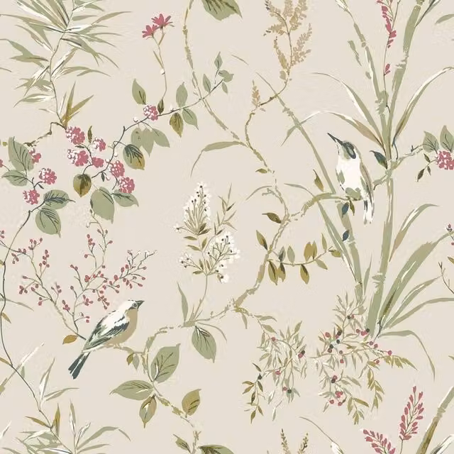 Crown Mariko Bird Botanical Floral Wallpaper in Sand