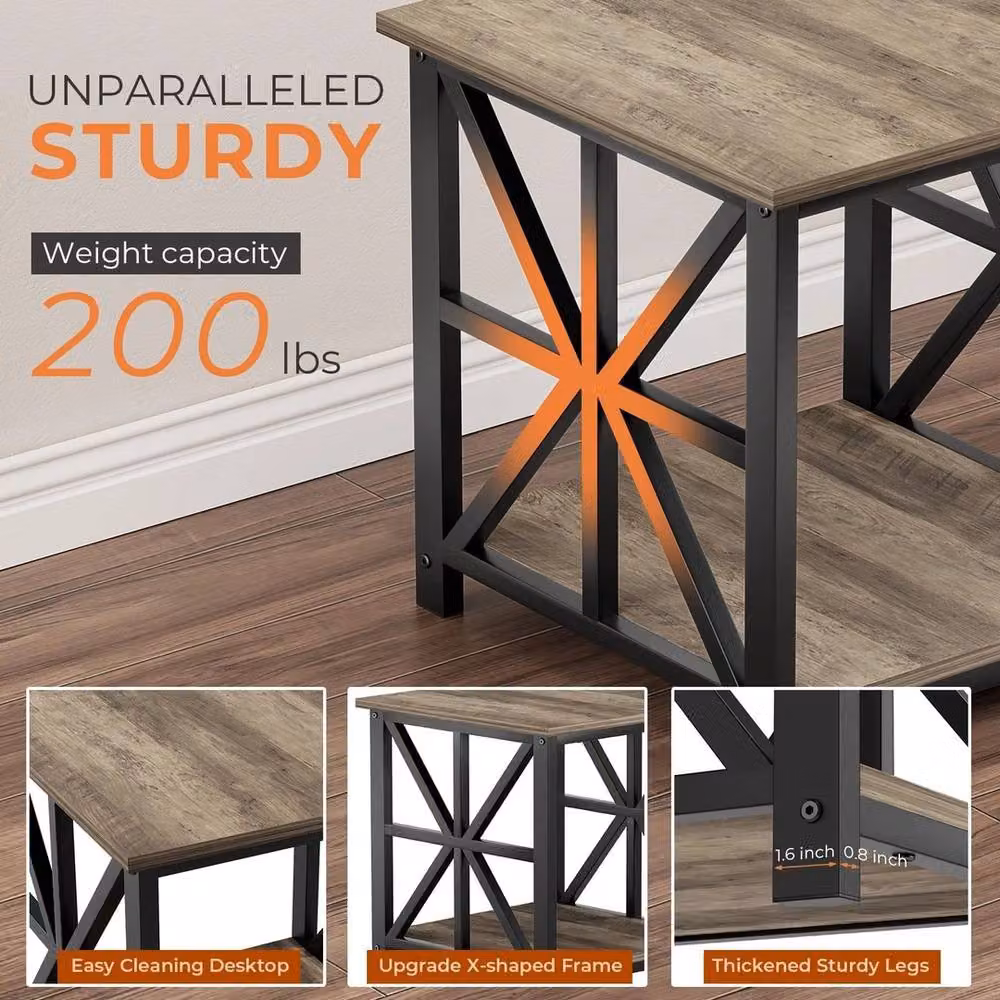 FORGEVIO Grey Wash 2-Tier Industrial Living Room Side Table, W/D/H: 50 x 50 x 50 cm – 3