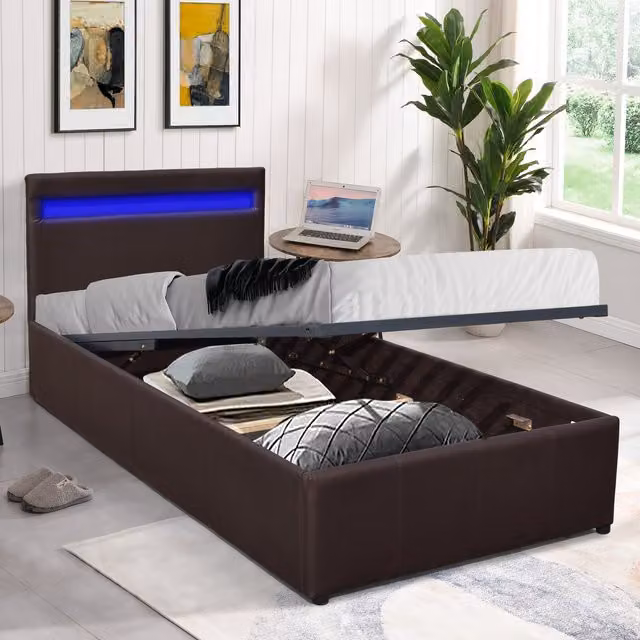 Comfy Living Modern Faux Leather Gas Lift Ottoman Bed Frame with LED Under-bed Lighting, Brown, W/D/H: 90 x 190 cm