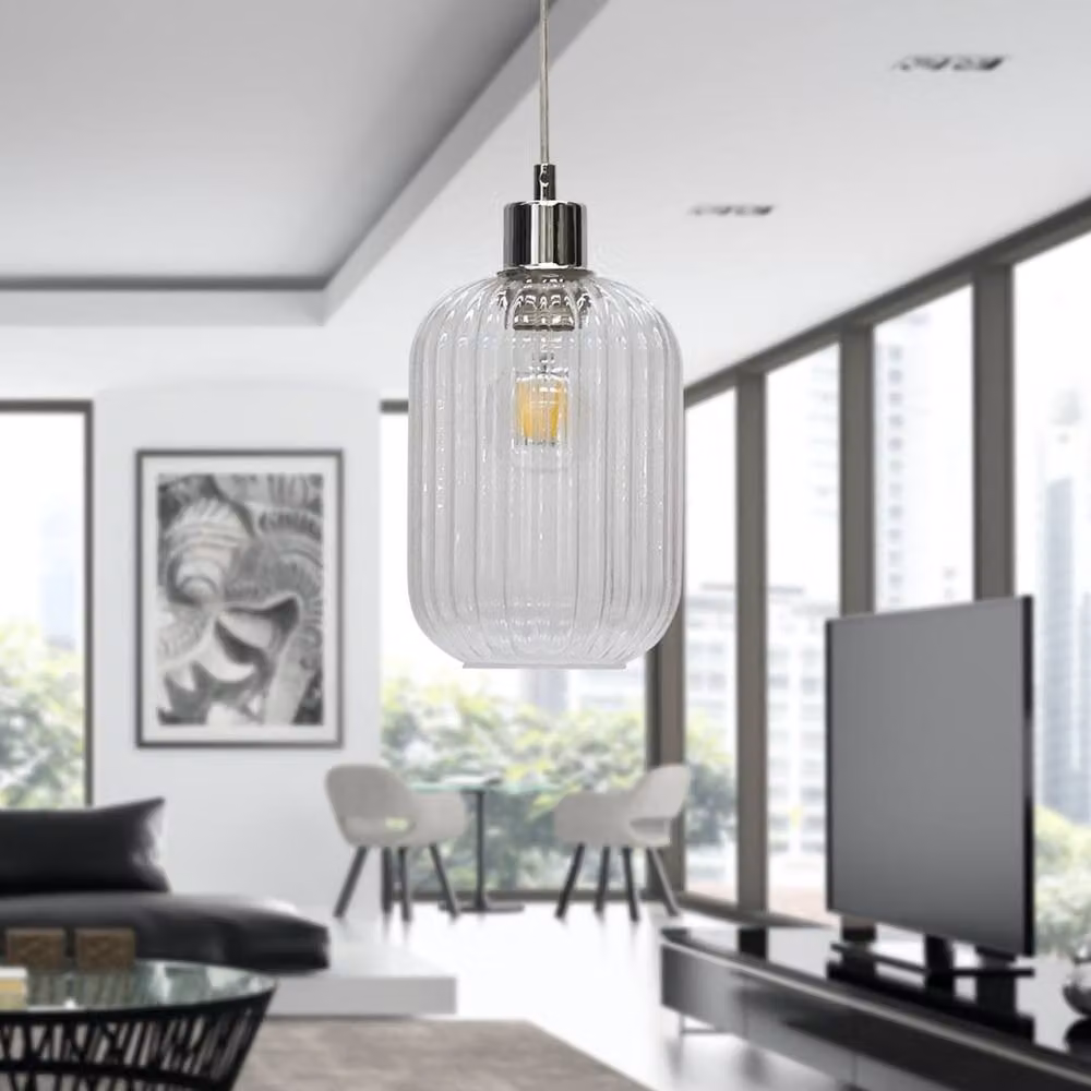 First Choice Lighting Batley Set of 2 Suspended Pendant Lights with Transparent Ribbed Glass and Chrome Fittings – 2