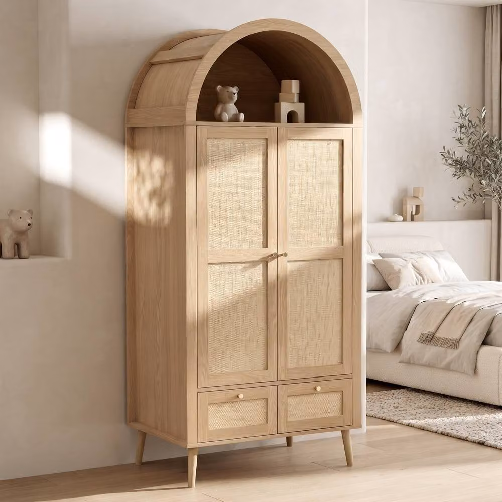 Matteo Modern Rattan-Effect Double Wardrobe with Hinged Doors and Integrated Drawers in Natural Oak – 3