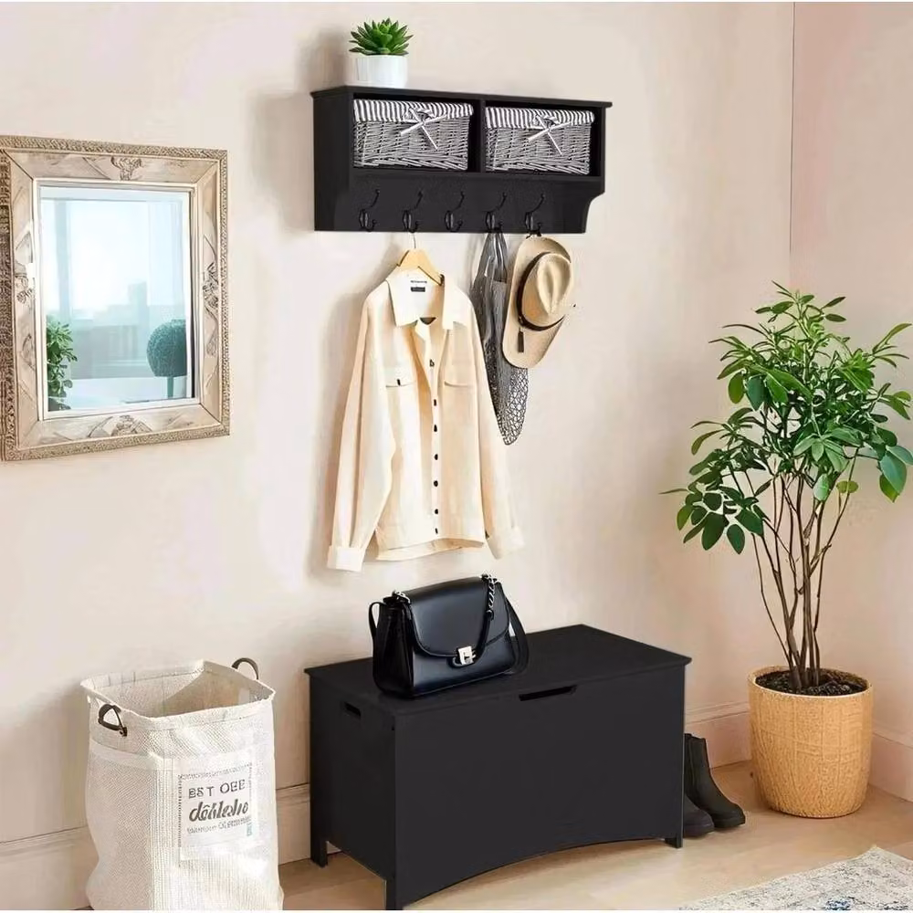 KORVIXA Black Wall Mounted Coat Rack with Rattan Shelf, W/D/H: 100 x 100 x 100 cm – 3