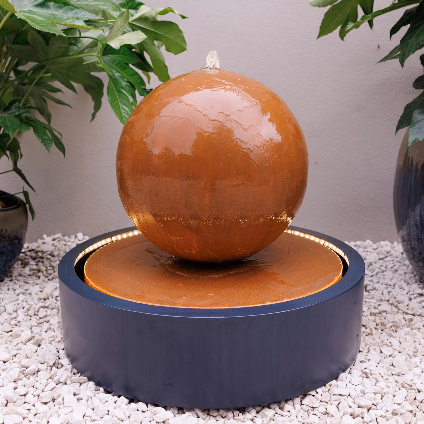 Primrose Melincourt Galvanised Steel Sphere Water Feature with LED Lights, Brown, H 60 cm x W 60 cm x D 60 cm – 2