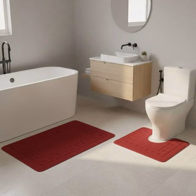 Snug City 2 Piece Box Design Bath Mat Set in Red, W: 80 cm, D: 50 cm