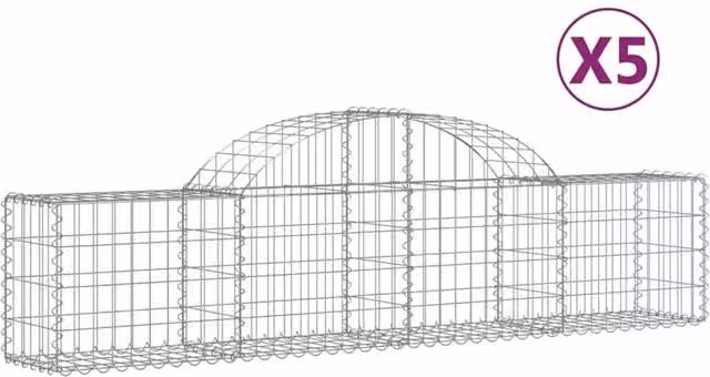 Berkfield Home Arched Gabion Baskets, 5 Piece Set, Silver Galvanised Steel, W: 200 cm, D: 30 cm, H: 40-60 cm