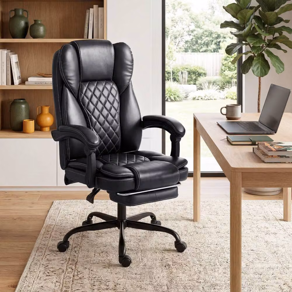 STILVORA Black Synthetic Leather Executive Office Chair with Recline, Footrest and Headrest – 3