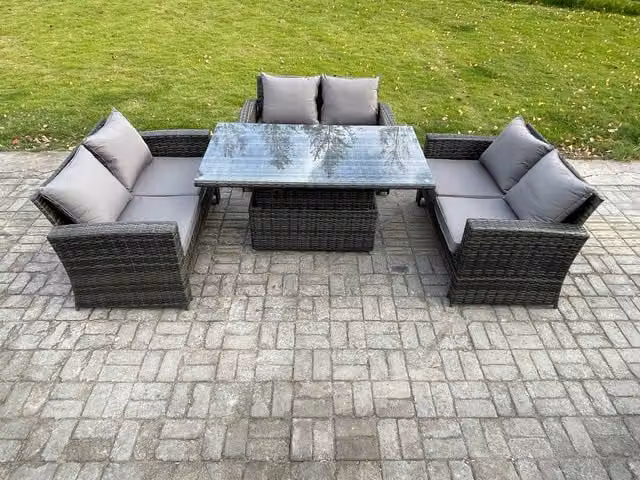 Fimous 6 Seater Rattan Wicker Garden Furniture Set with Height Adjustable Lifting Table in Dark Grey