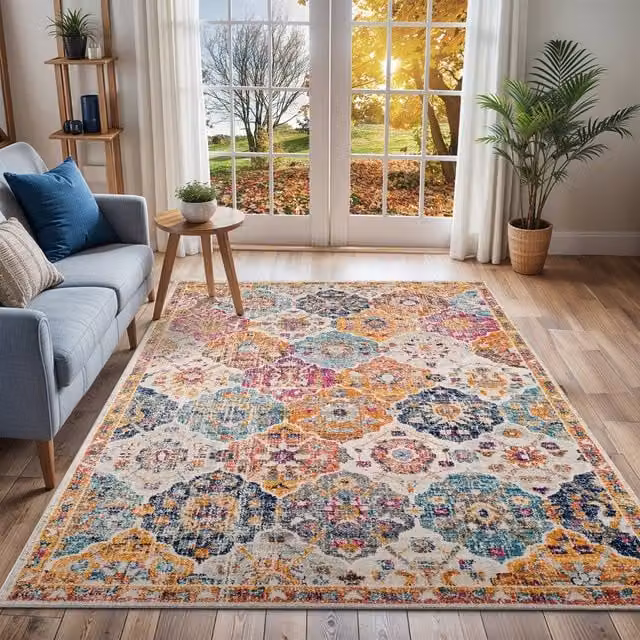 Livabliss Harput Vintage Boho Round Rug in Burnt Orange, Beige, Blue and Grey, Diameter: 160 cm – 1