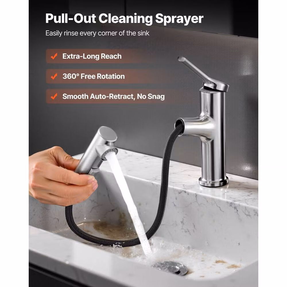 VEVOR Single Lever Kitchen and Bathroom Sink Faucet with Pull Out Spout in Brushed Nickel Silver – 3