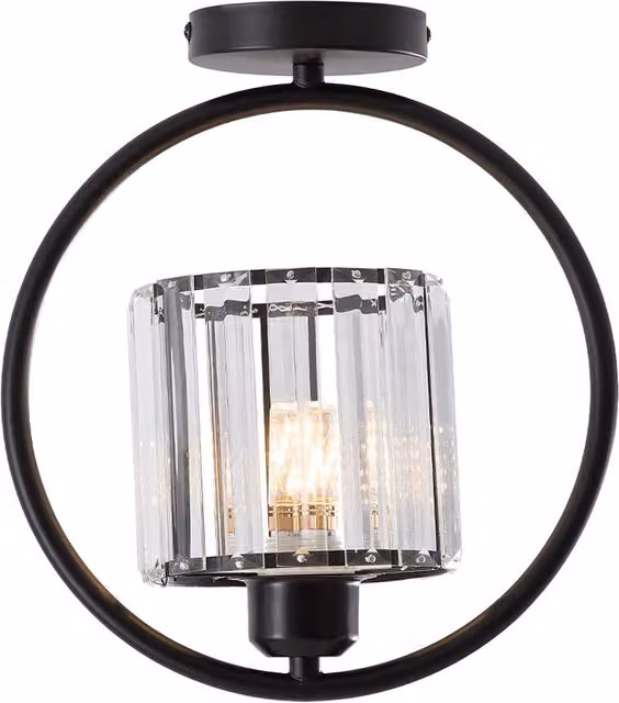 Livingandhome Semi Flush Mount Ceiling Light with Crystal Shade and Black Metal Canopy, Black
