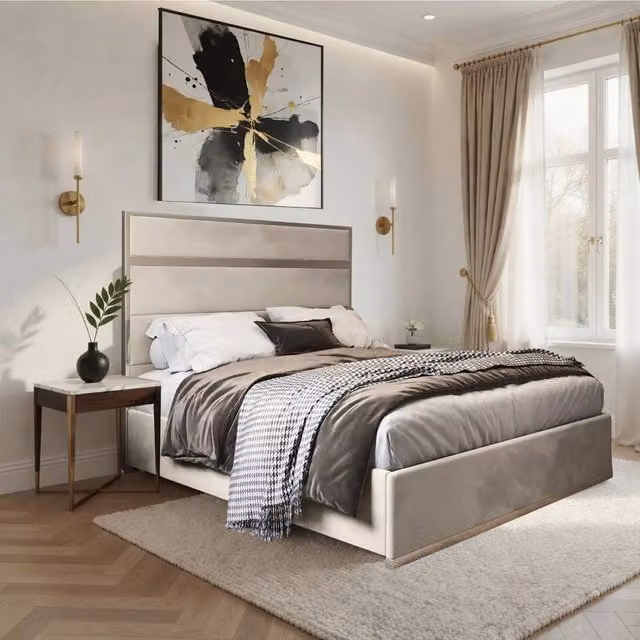 Casani Fleetwood Upholstered Velvet Designer Bed Frame in Cream and Beige, Size: 180 x 200 cm