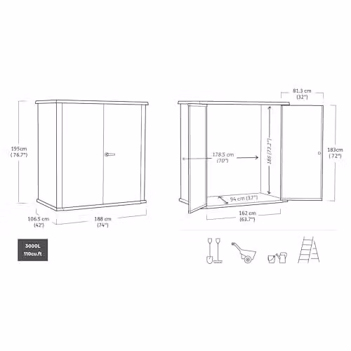 Keter Fortis XL 3100L Outdoor Storage Cabinet in Grey, Heavy-Duty Resin Garden Storage with Lockable Hinged Doors, H 195.0 cm x W 106.5 cm x D 69.0 cm – 3